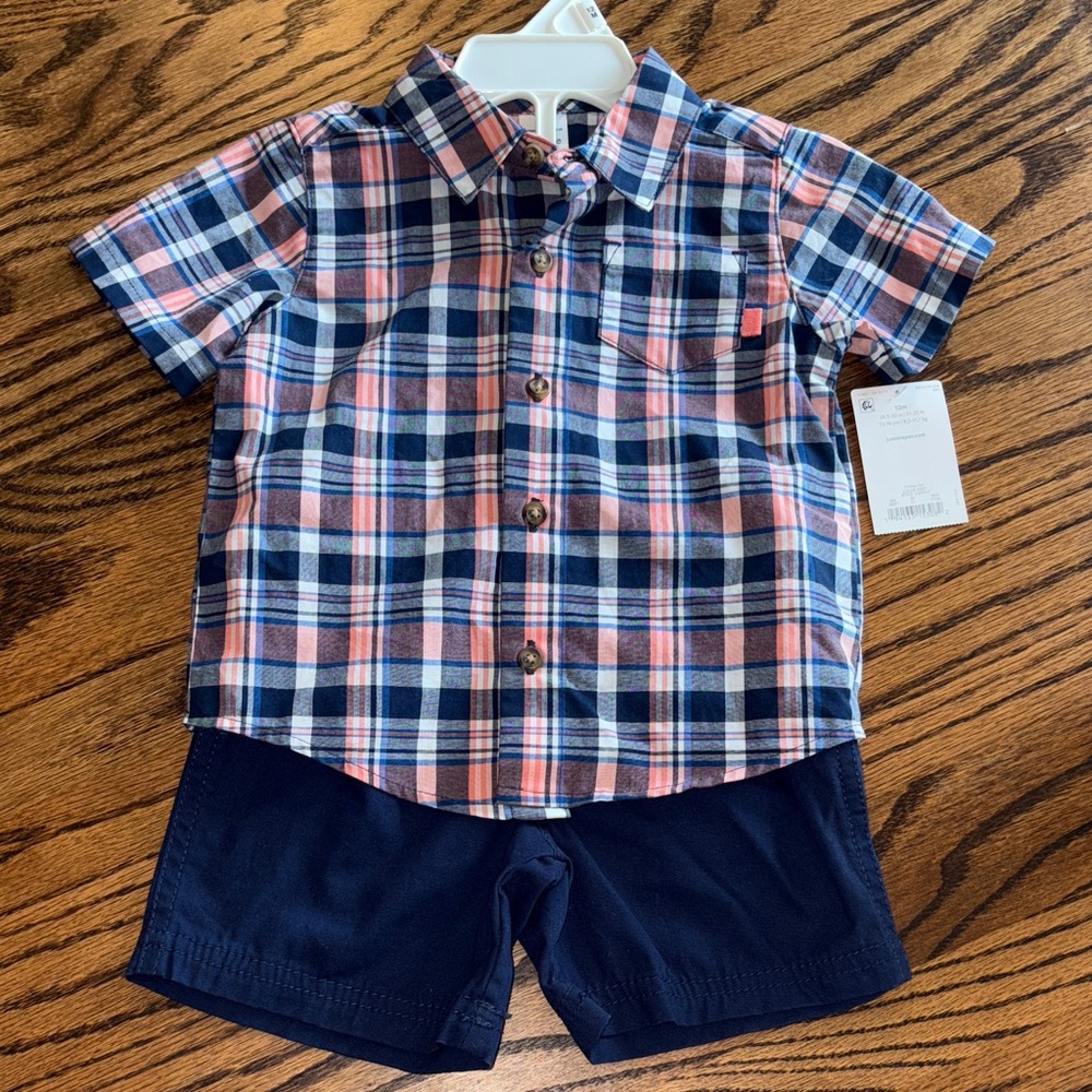Kids Outfit! Plaid Short Sleeve Shirt and Navy Shorts Set